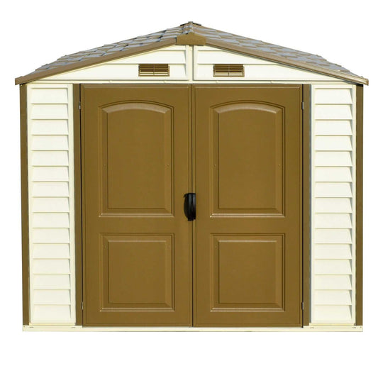 Duramax 8x6 StoreAll Vinyl Shed with Foundation, featuring double doors and a peaked roof design.