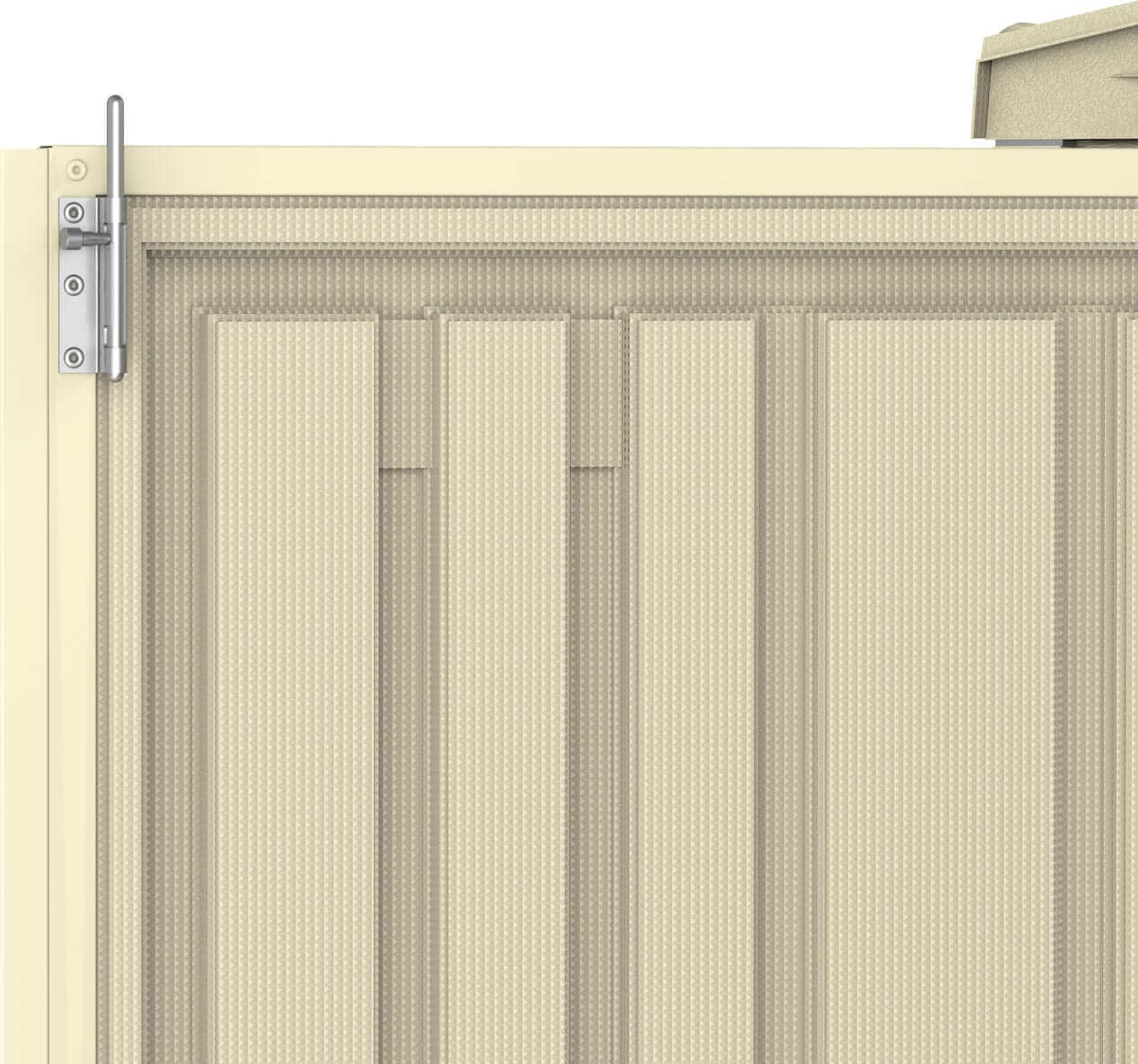 Duramax Vinyl Shed 8x8 DuraMate door close-up, showcasing durable design and secure latch.