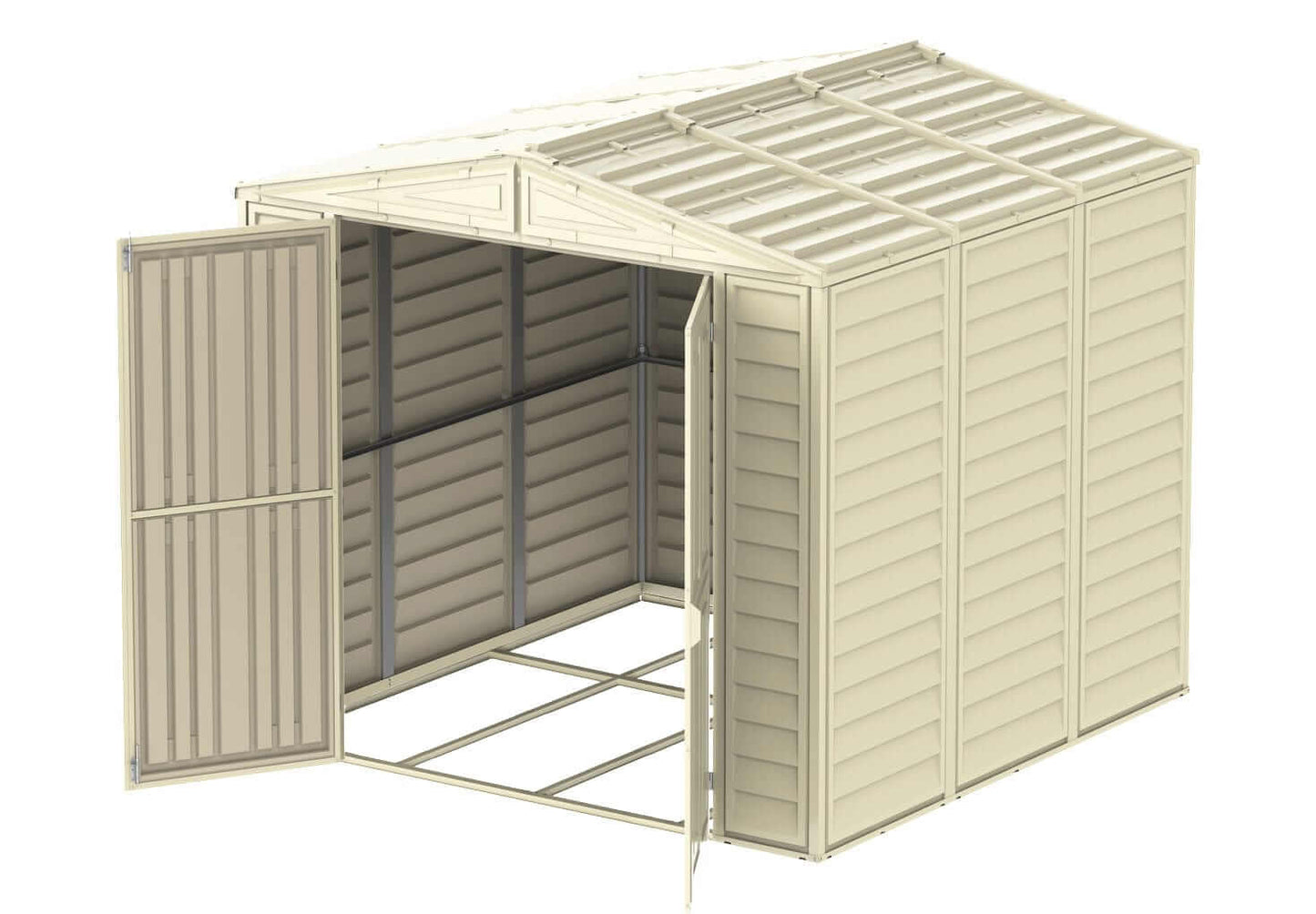 Duramax 8x8 DuraMate vinyl shed with open doors, providing ample outdoor storage space.