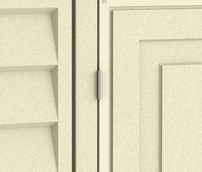 Close-up of Duramax Vinyl Shed 8x8 DuraMate door hinge and texture detail for outdoor storage.