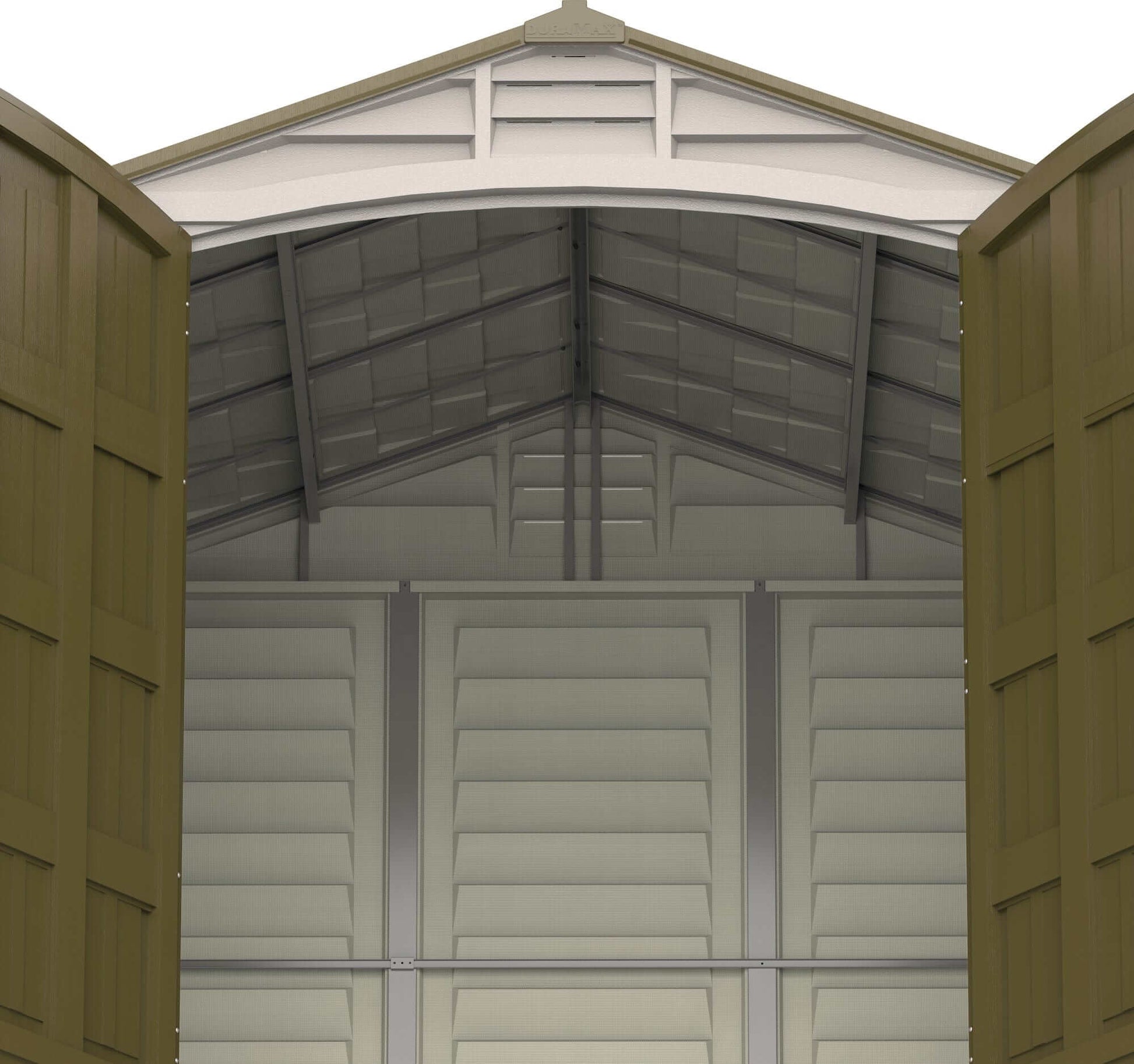 Interior view of Duramax Vinyl Shed 8x8 DuraPlus showcasing its spacious design and sturdy construction.