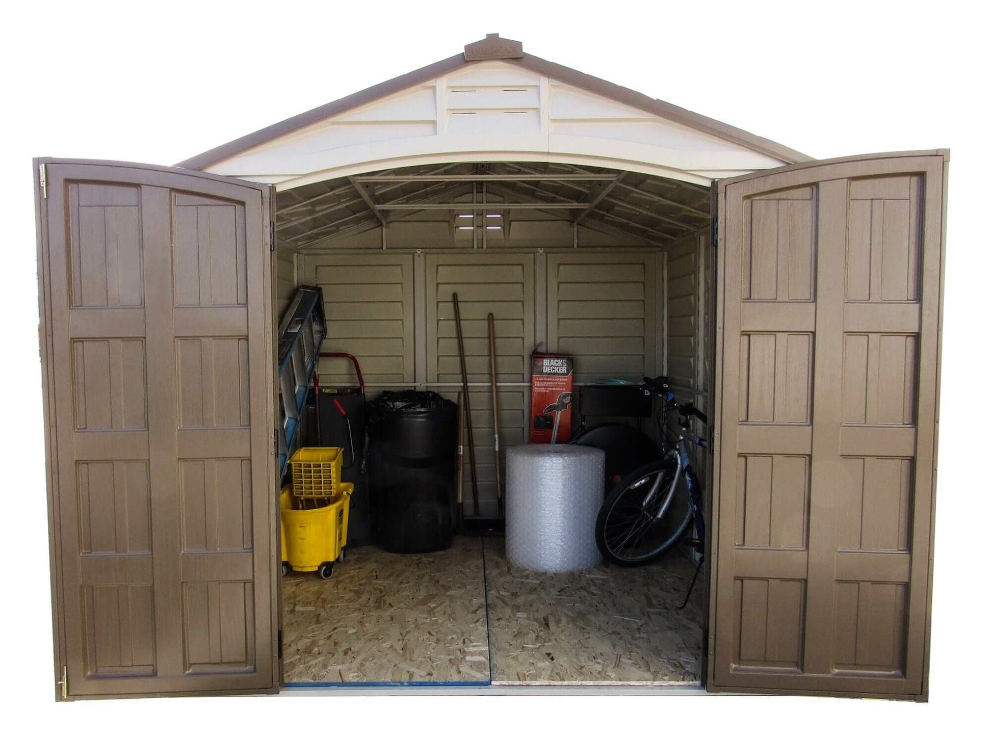 Duramax 8x8 DuraPlus vinyl shed interior view with open doors showing organized storage.