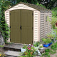 Duramax 8x8 DuraPlus vinyl shed with foundation in a garden setting, featuring a modern design and double doors.