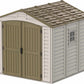 Duramax 8x8 DuraPlus vinyl shed with a foundation, featuring double doors and a shingle roof.