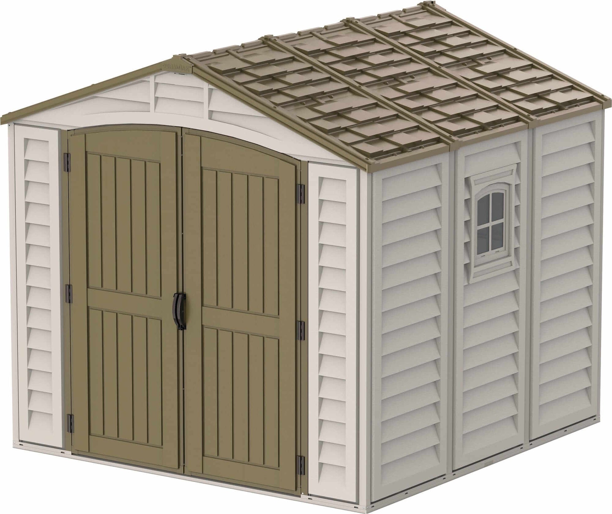 Duramax 8x8 DuraPlus vinyl shed with a foundation, featuring double doors and a shingle roof.