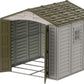 Duramax 8x8 DuraPlus vinyl shed with open doors and sloped roof, showcasing durable construction and spacious interior.