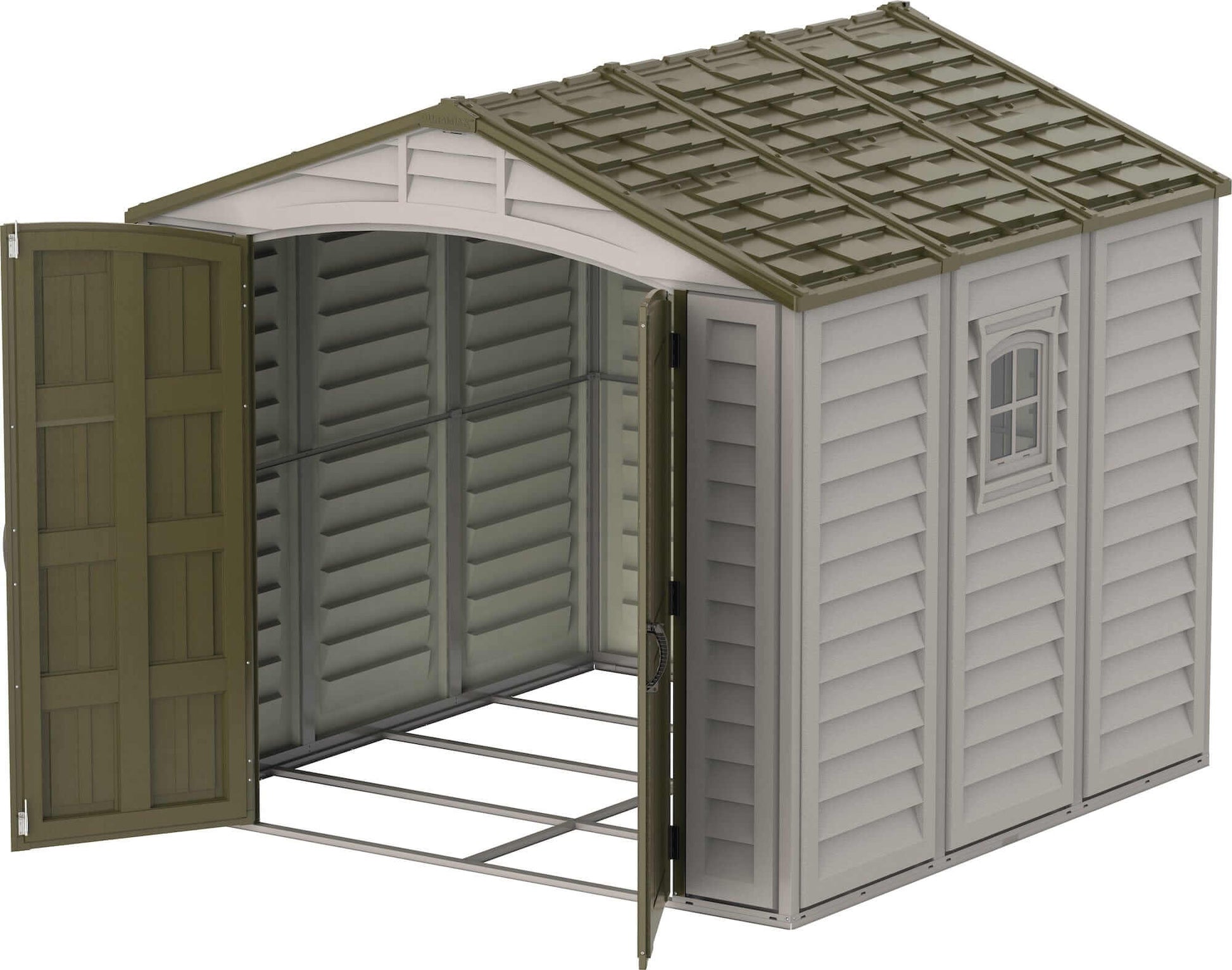 Duramax 8x8 DuraPlus vinyl shed with open doors and sloped roof, showcasing durable construction and spacious interior.