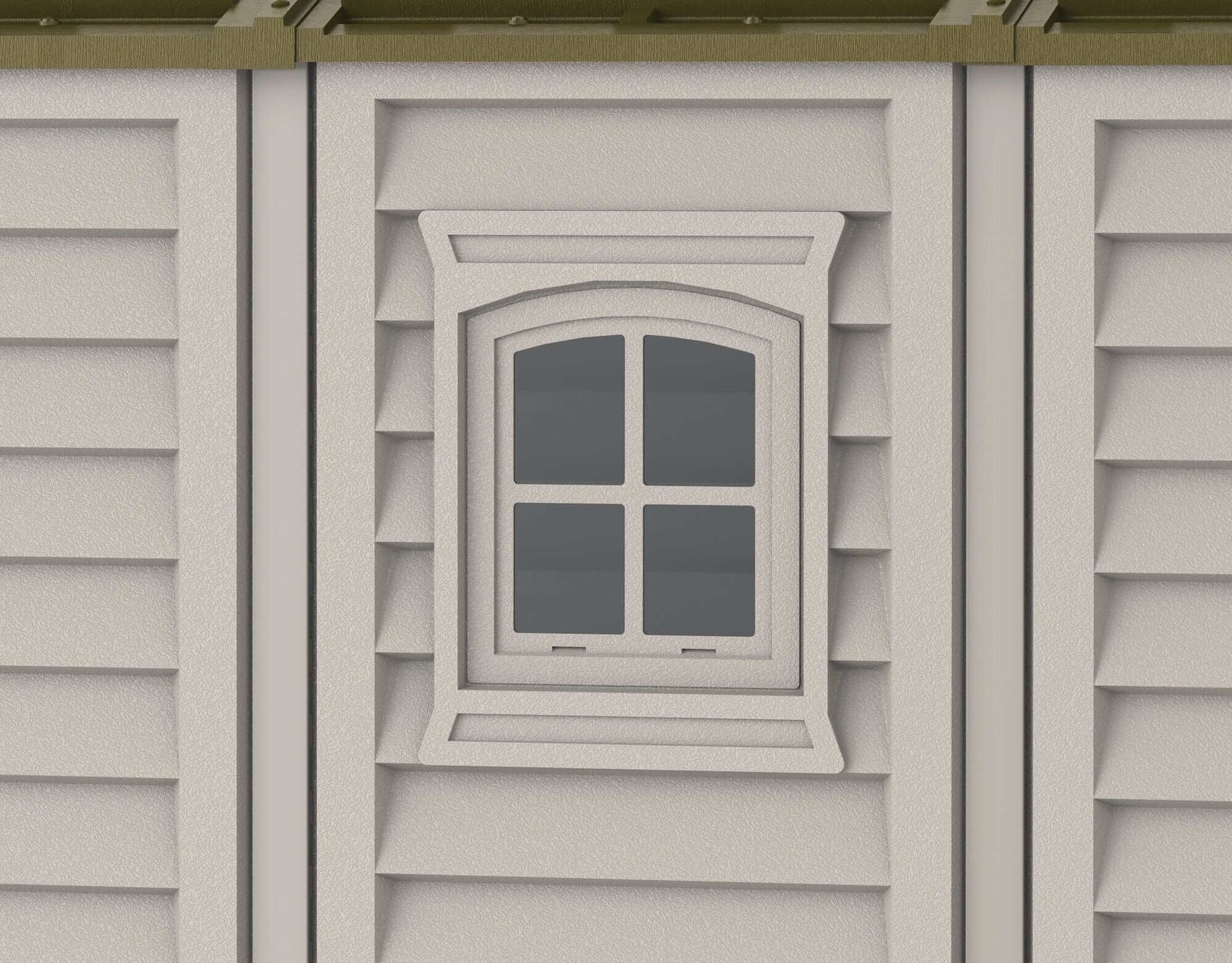 Duramax Vinyl Shed 8x8 DuraPlus window detail featuring a classic arched design.