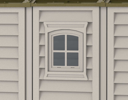 Duramax Vinyl Shed 8x8 DuraPlus window detail featuring a classic arched design.