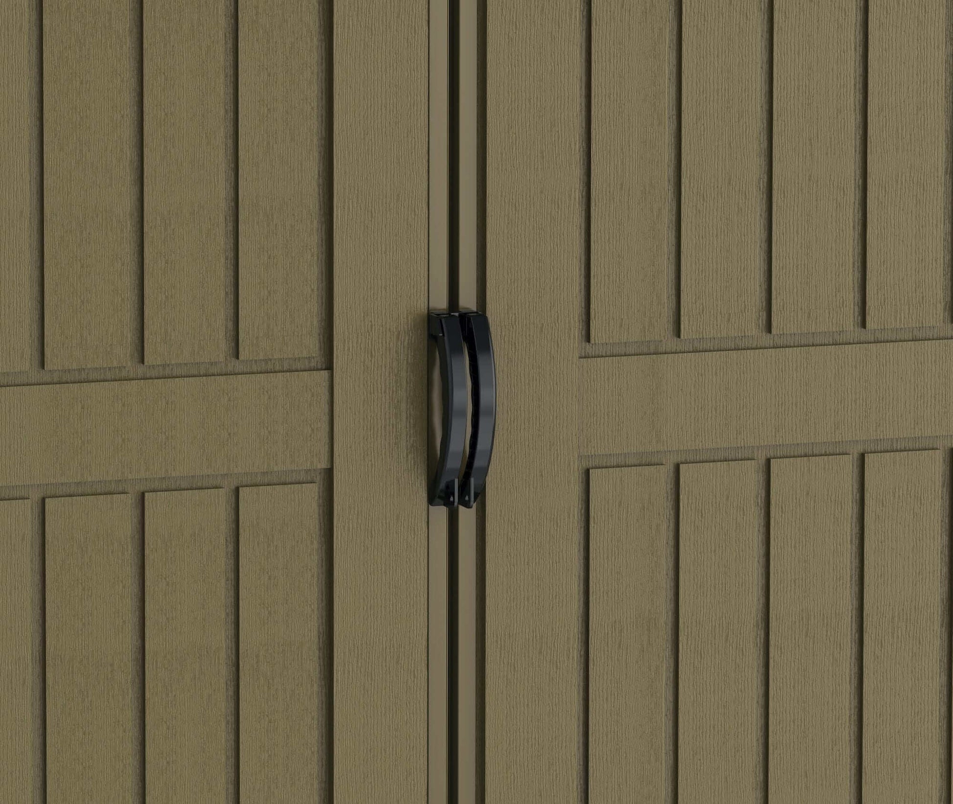 Close-up of Duramax Vinyl Shed 8x8 DuraPlus doors showcasing textured finish and black handle.