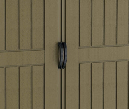 Close-up of Duramax Vinyl Shed 8x8 DuraPlus doors showcasing textured finish and black handle.