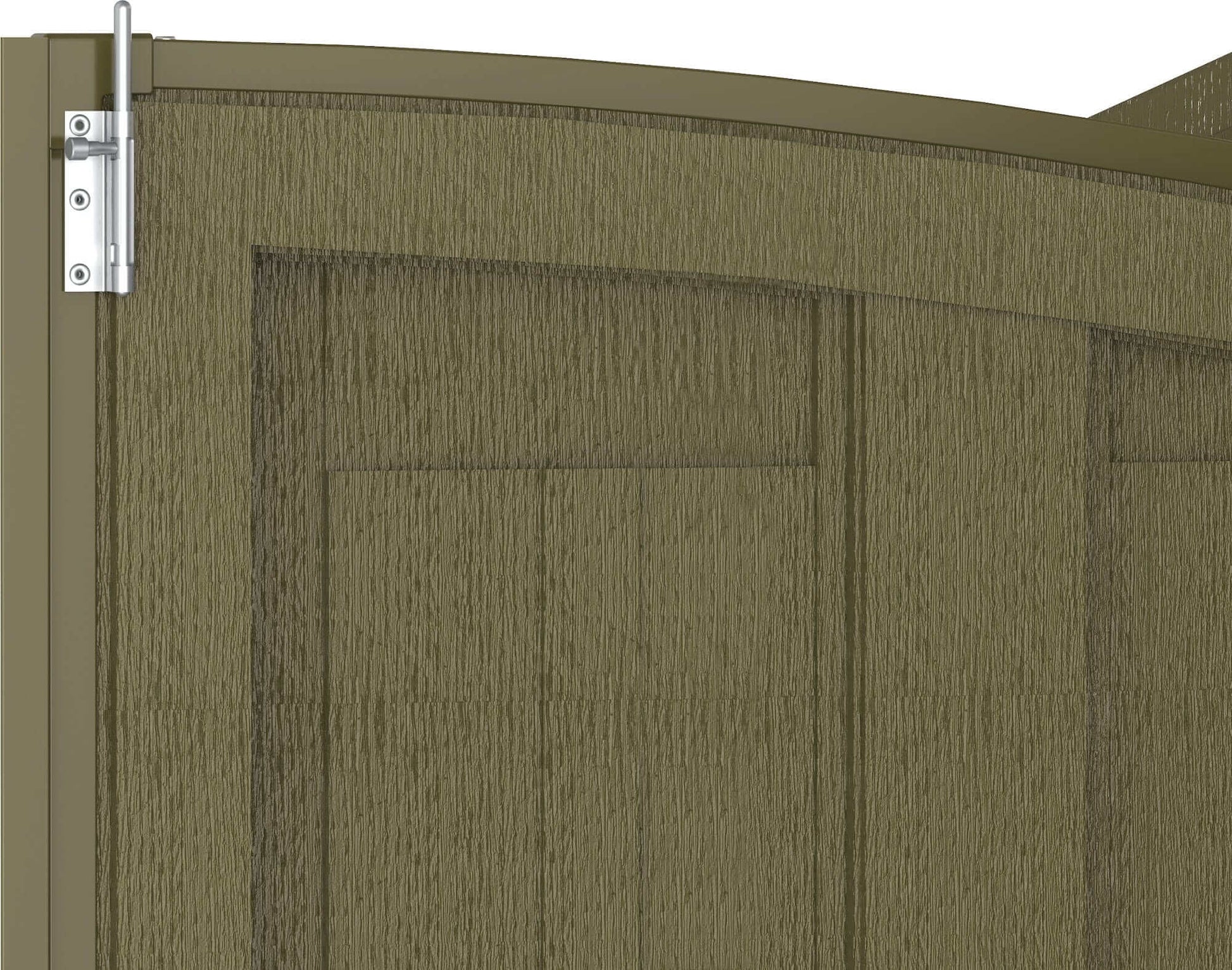 Close-up of Duramax Vinyl Shed door detail, featuring textured design and metal hinge.