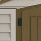 Close-up of Duramax Vinyl Shed door hinge and panel detail, showcasing durable construction and design.