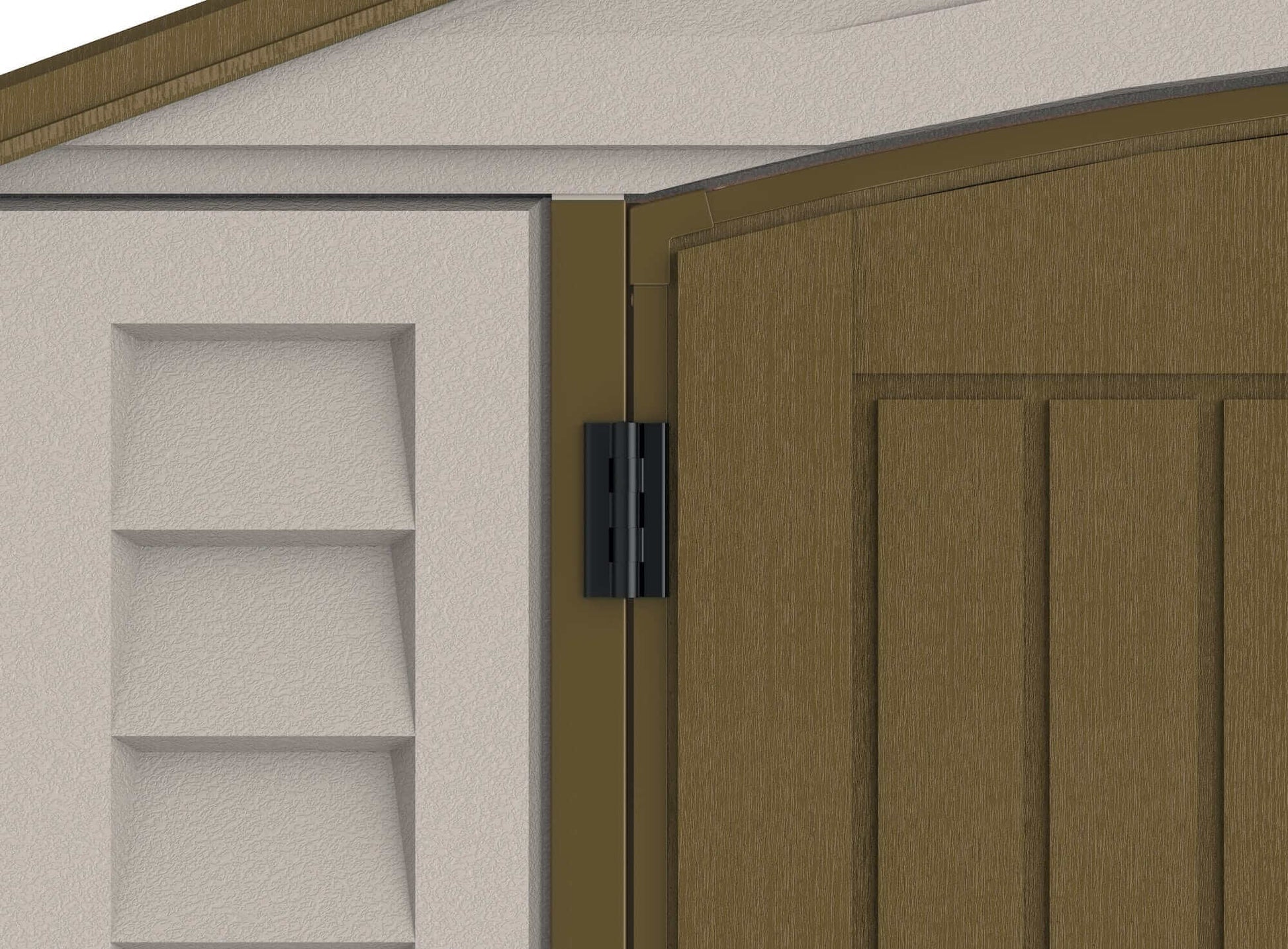 Close-up of Duramax Vinyl Shed door hinge and panel detail, showcasing durable construction and design.