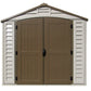 Front view of the Duramax Vinyl Shed 8x8 DuraPlus with double doors and a stylish roof design.