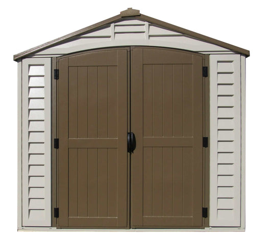 Front view of the Duramax Vinyl Shed 8x8 DuraPlus with double doors and a stylish roof design. 