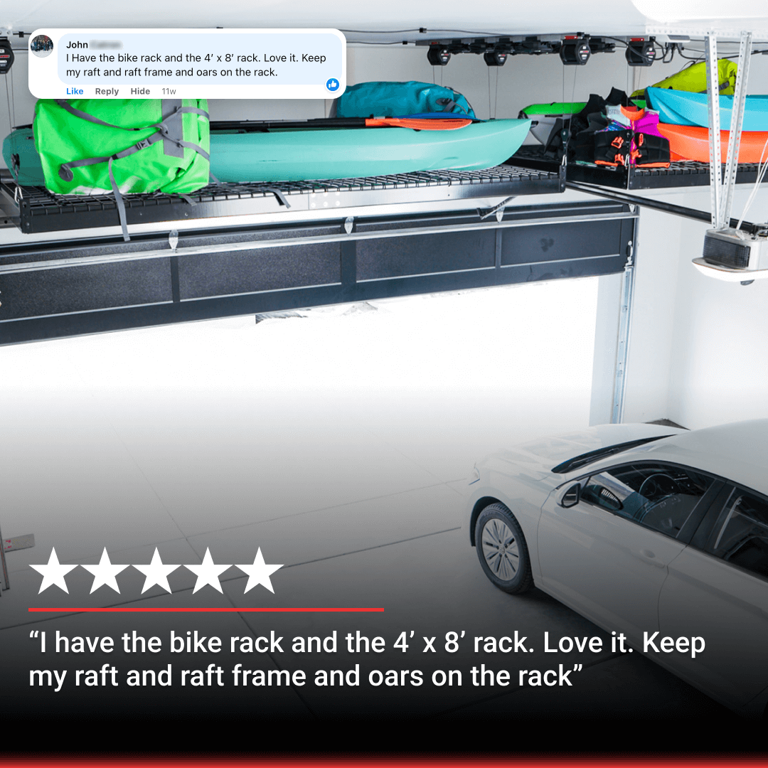 Customer testimonial on Garage Smart storage system featuring bikes and kayaks stored efficiently overhead.