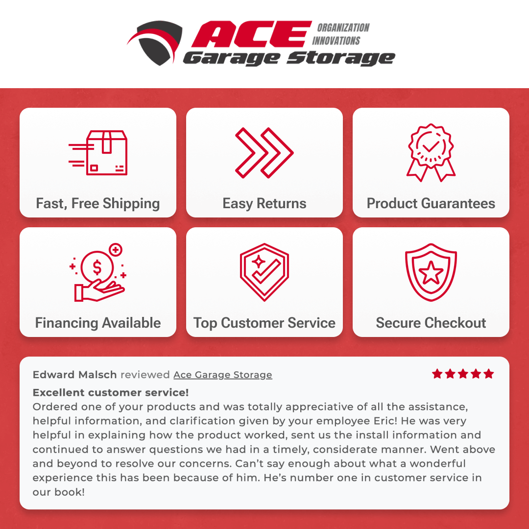 ACE Garage Storage service features with customer review highlighting fast shipping, easy returns, and top customer support.