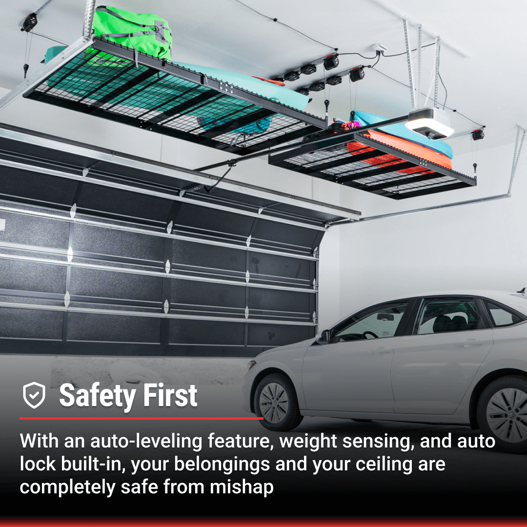 Garage Smart motorized storage lift with safety features for auto-leveling and weight sensing in a garage setting.