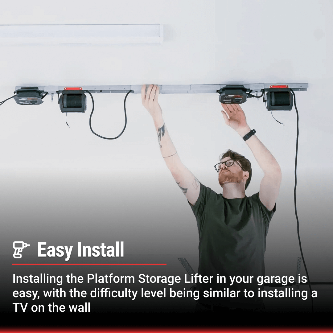 Man installing Garage Smart Platform Storage Lifter, showcasing easy DIY installation like mounting a TV.