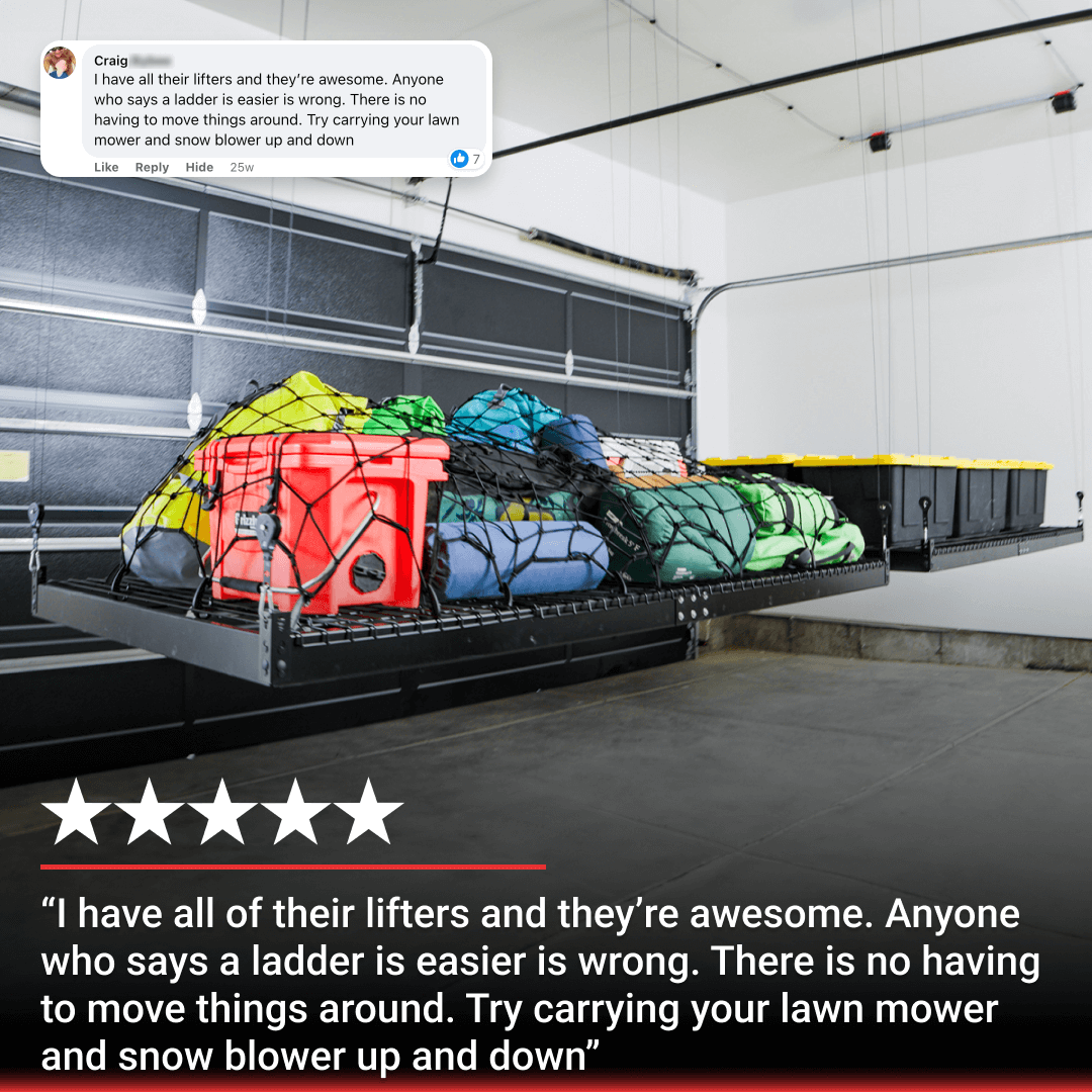 Motorized garage storage lift showcasing organized bins above a cluttered garage, optimizing space effortlessly.