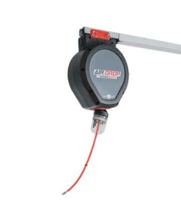 Garage Smart Air Drop tire inflator with retractable hose mounted on a motorized garage storage lift system.