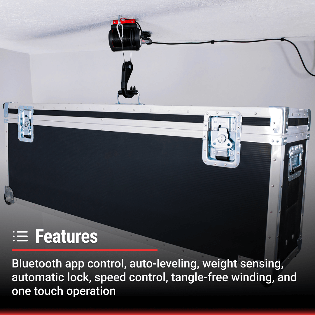 Motorized garage storage lift with Bluetooth control, auto-leveling, and tangle-free winding features.