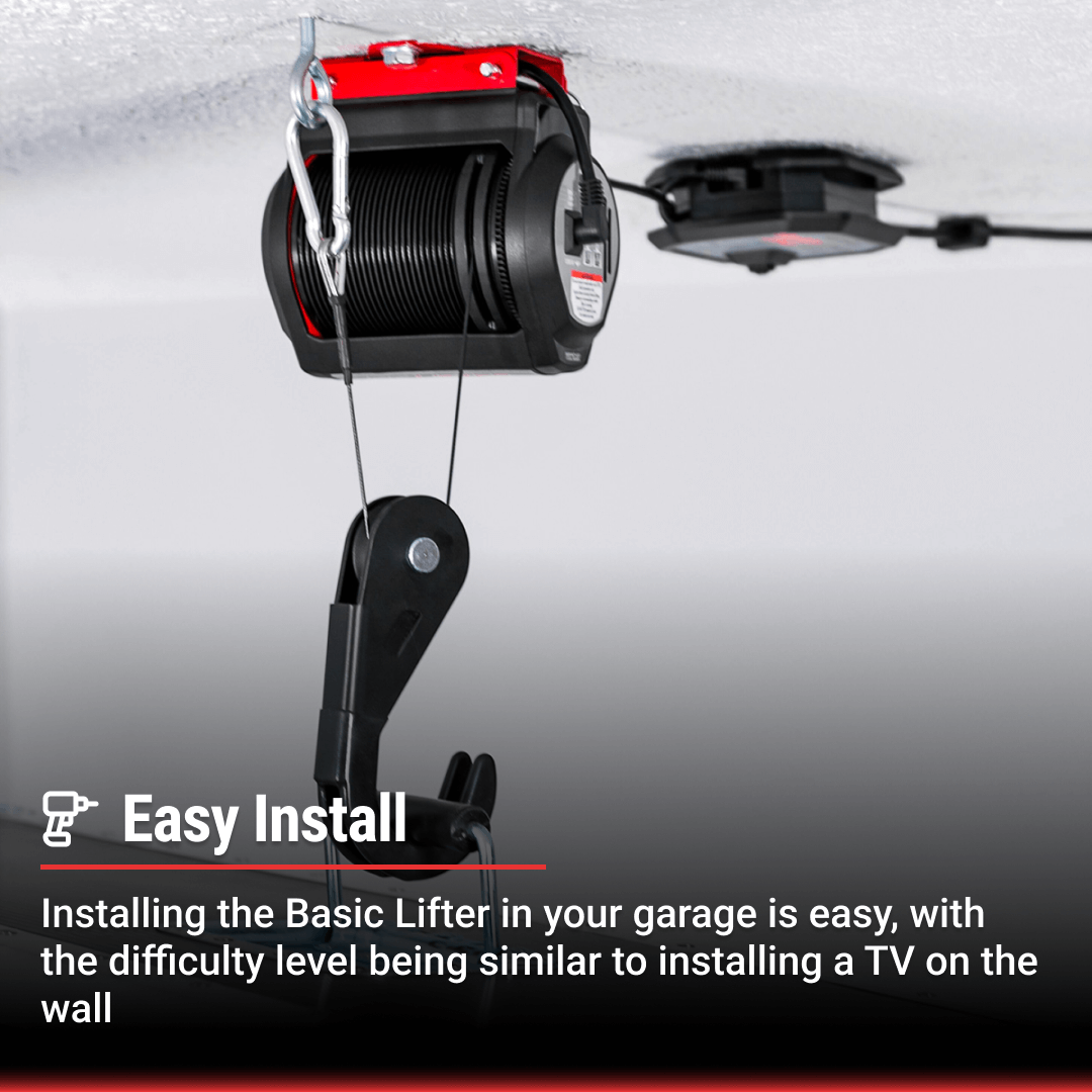 Motorized garage storage lift installation diagram showing easy setup process for the Garage Smart Basic Lifter.