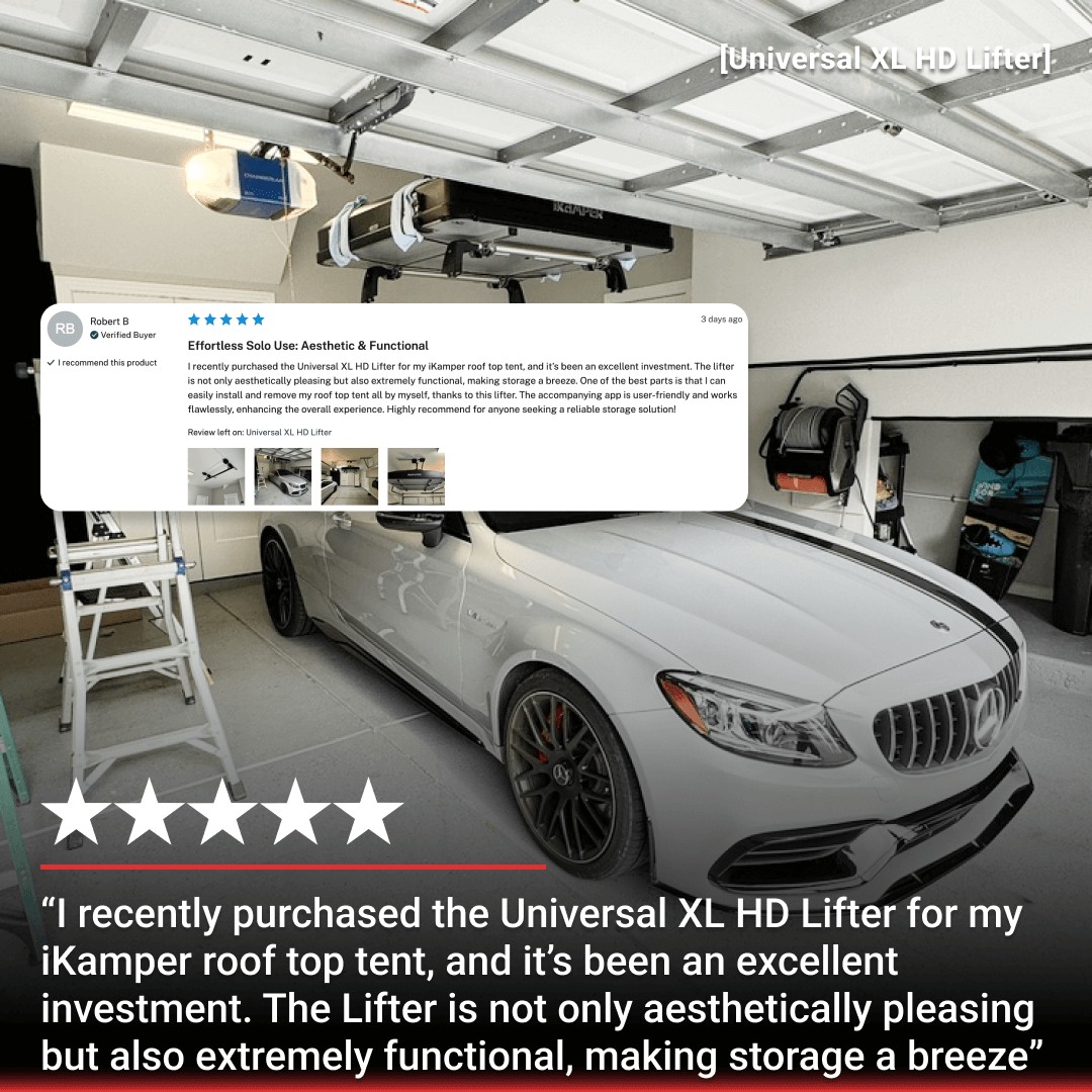 Review of Universal XL HD Lifter showcasing motorized garage storage lift in a modern garage.