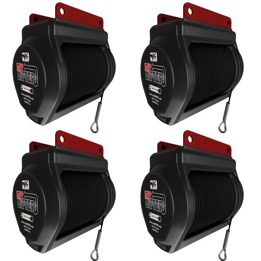 Four Bluetooth-enabled MyLifter units for motorized garage storage lift, designed for efficient DIY lifting and storage solutions.