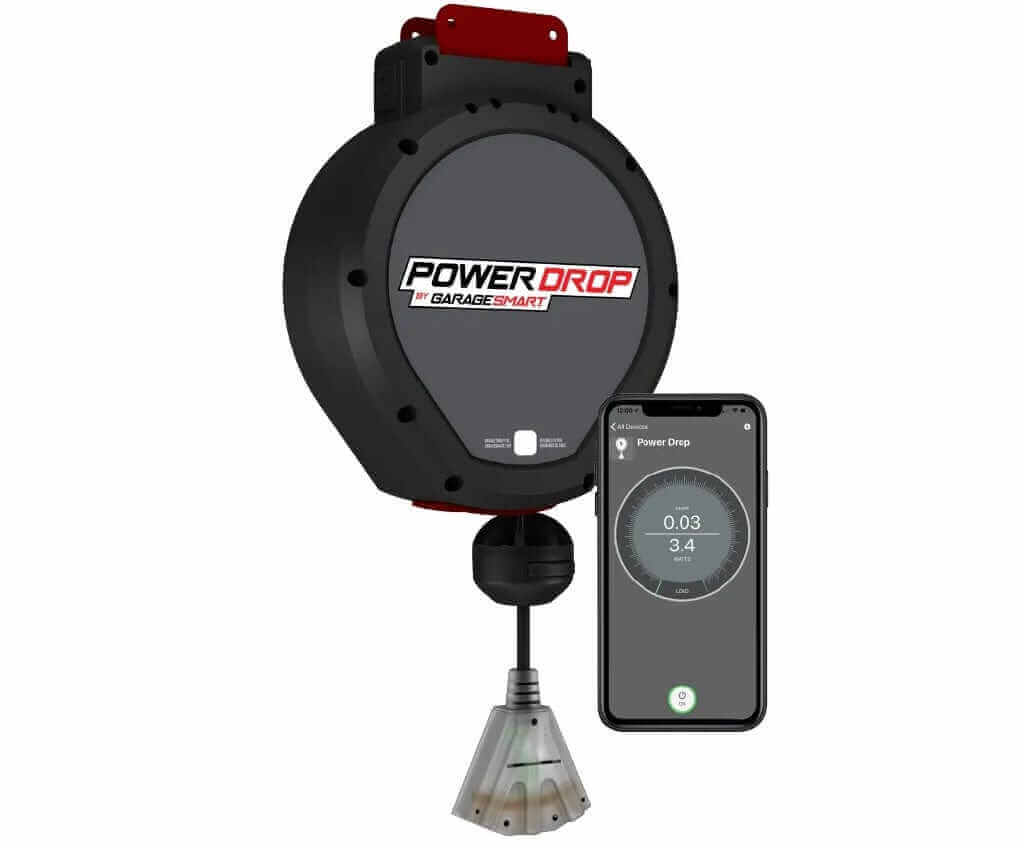 Garage Smart Power Drop with smartphone app controls for a motorized garage storage lift.