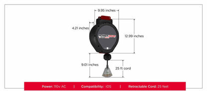 Power Drop dimensions and specifications: 25ft retractable cord, 110V AC, compatible with iOS, compact design.