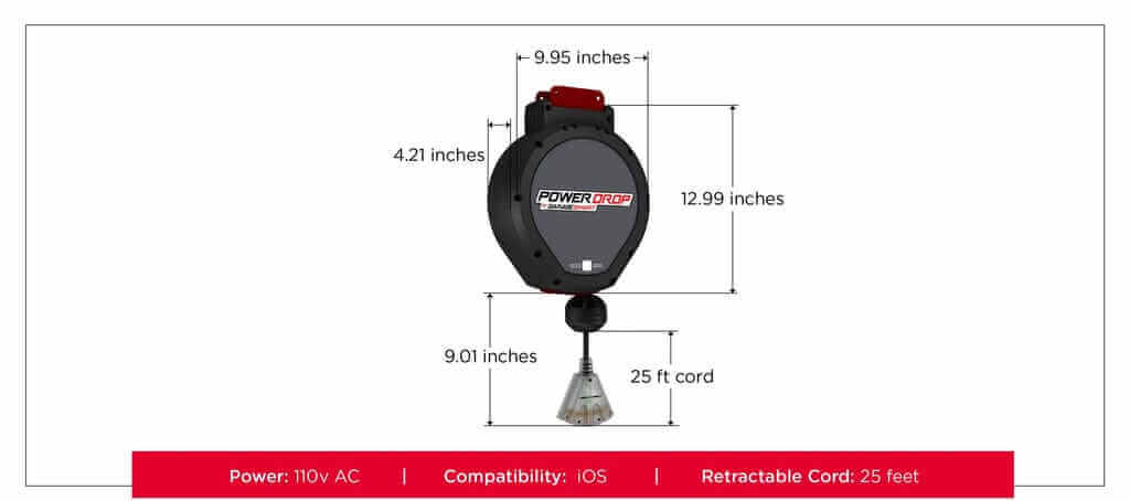 Power Drop dimensions and specifications: 25ft retractable cord, 110V AC, compatible with iOS, compact design.