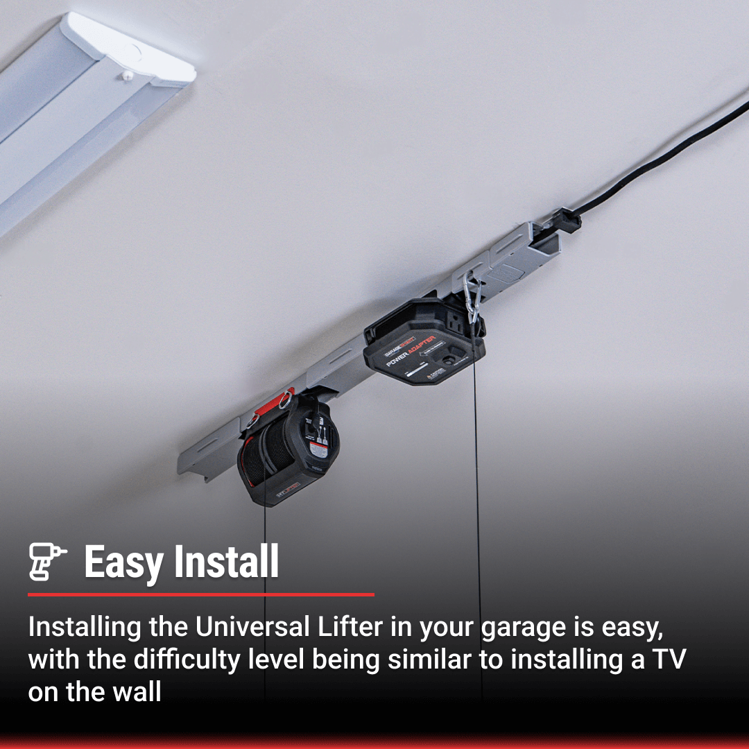 Easy installation of the Garage Smart Universal Lifter, similar to mounting a TV on the wall for motorized garage storage lift.