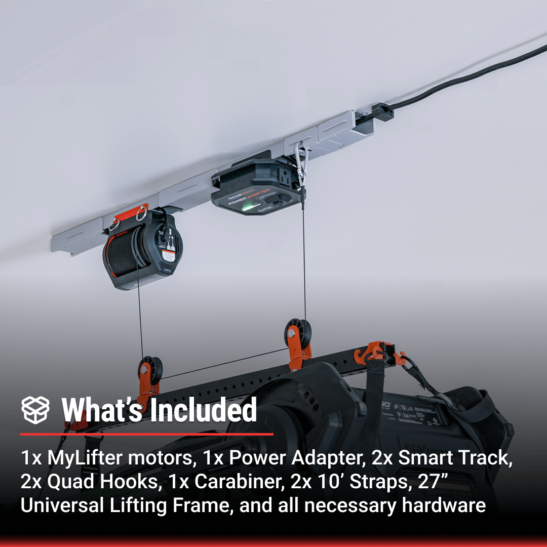 Garage Smart Universal Lifter parts including MyLifter motors, power adapter, quad hooks, and lifting frame.