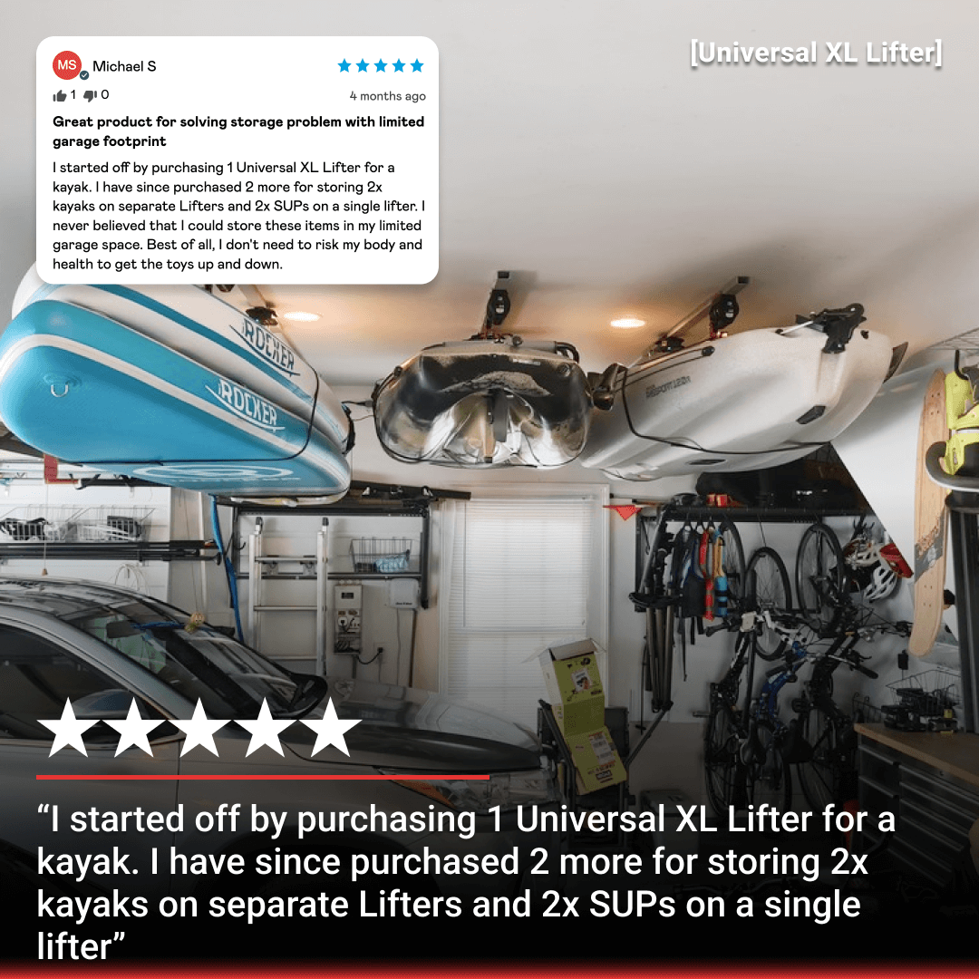 User review of Universal XL Lifter for efficient garage kayak storage and organization with motorized lift.