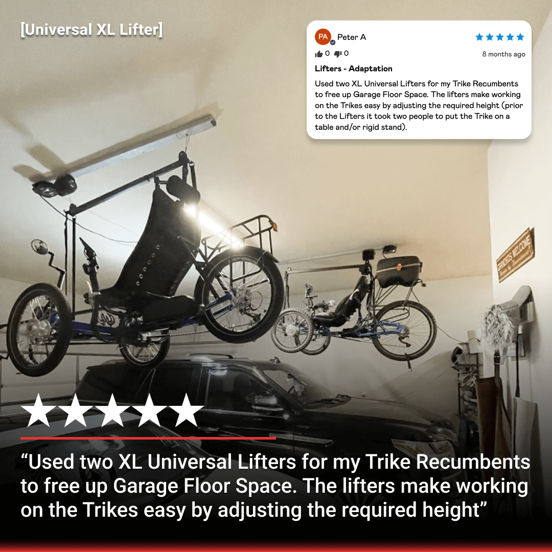 User review of Garage Smart Universal XL HD Lifter showing bikes suspended to maximize garage space.