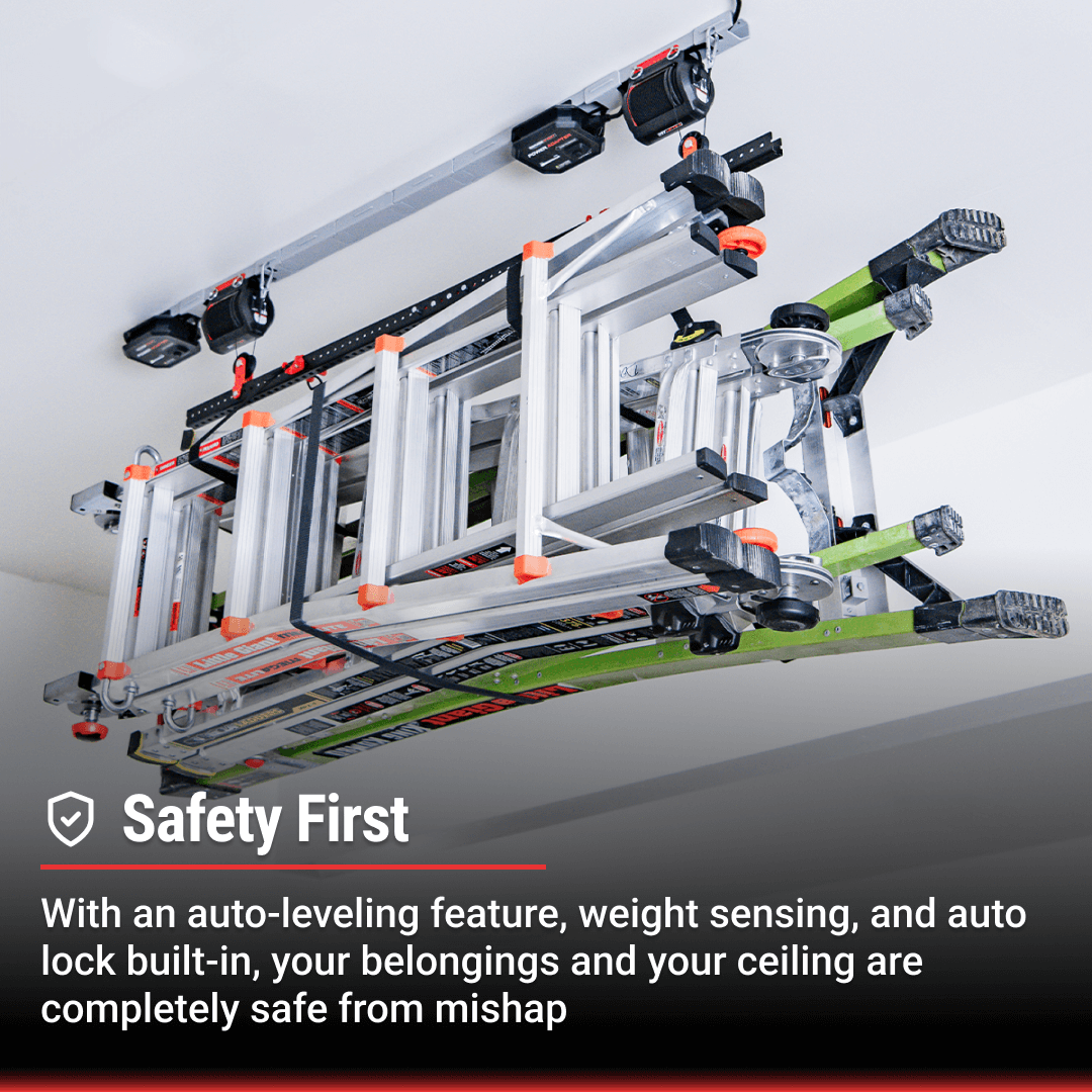 Motorized garage storage lift safely storing ladders with auto-leveling and weight sensing features.