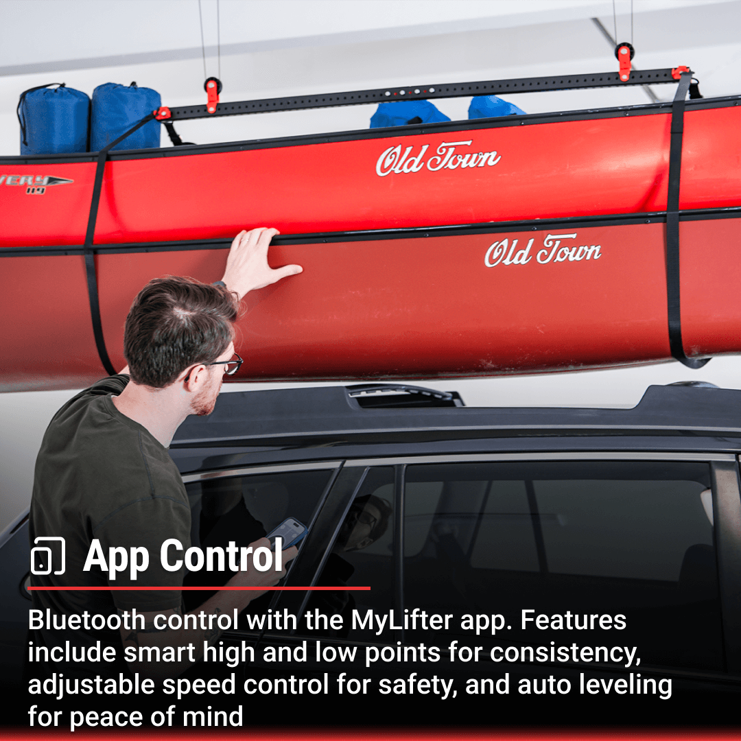 User controlling Garage Smart Universal XL HD Lifter via MyLifter app for lifting kayaks safely.