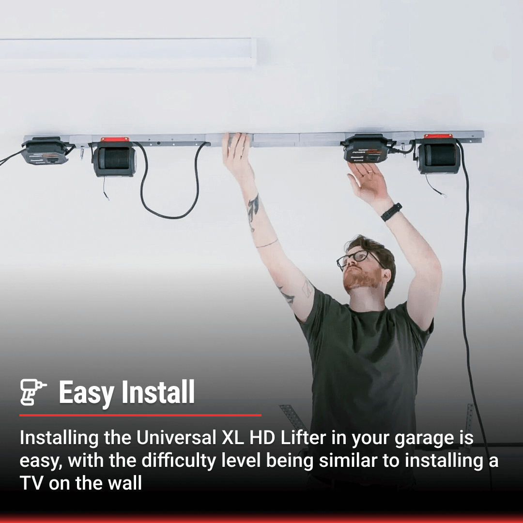 User easily installs Garage Smart Universal XL HD Lifter, demonstrating motorized garage storage lift setup.