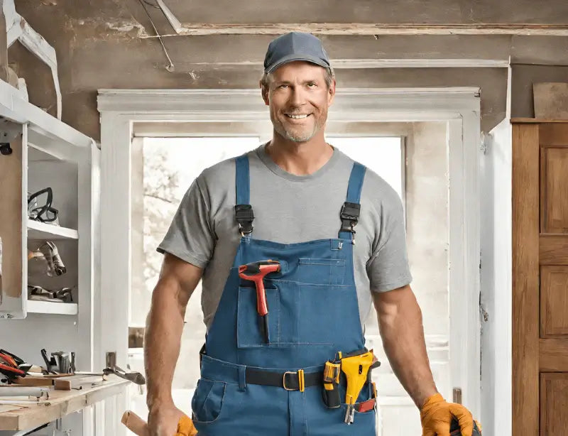 Smiling handyman in blue overalls with tools, standing in a home renovation setting.