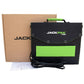 JackPak SP100W portable solar panel charger in its black and green carry case next to packaging box.