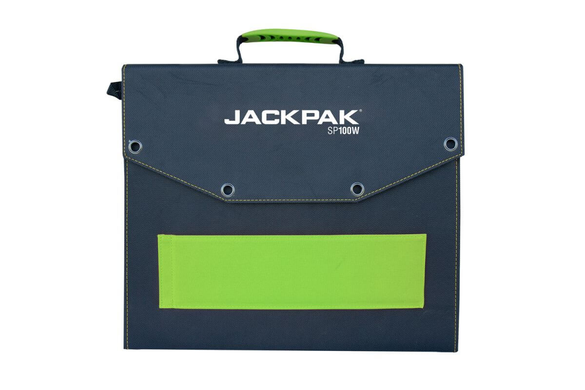 JackPak SP100W portable solar panel charger with a durable, lightweight design and green accents.