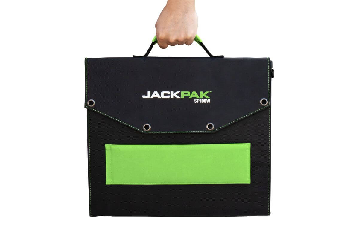 JackPak SP100W portable solar panel charger, lightweight design, easy to carry, ideal for outdoor use.