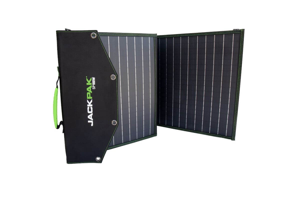 JackPak SP100W portable solar panel charger with a lightweight, durable design for on-the-go charging.