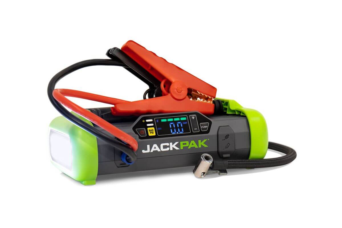 JackPak ULTRA2500A multifunction jump starter and air compressor with LED flashlight and USB charger features.