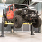 MaxJax M7K 2 Post Car Lift with a lifted black and red Jeep in an auto shop setting.