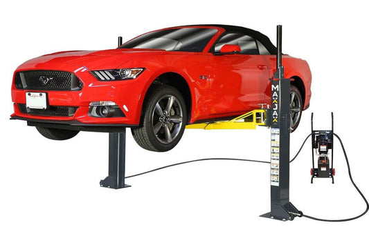 MaxJax M7K portable car lift elevating a red sports car, showcasing its innovative safety features.