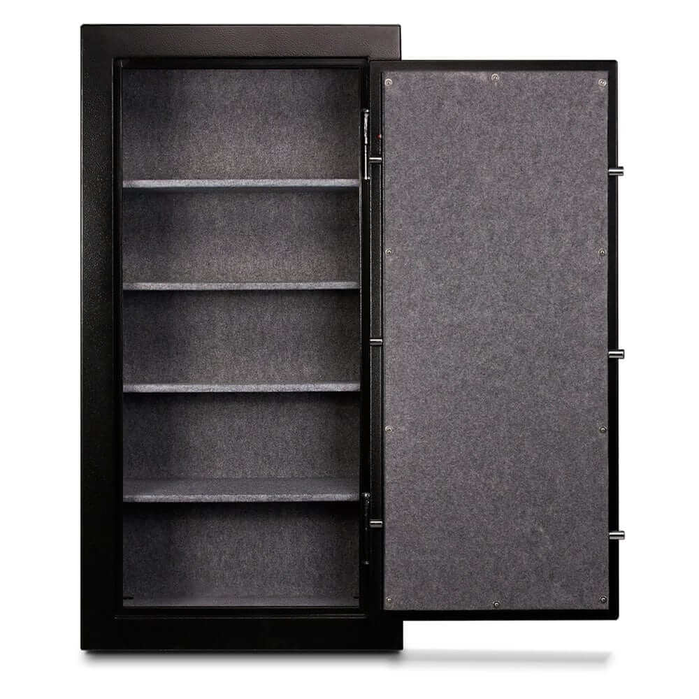 Mesa Ammo Safe with electronic lock, featuring an open door and four adjustable shelves.