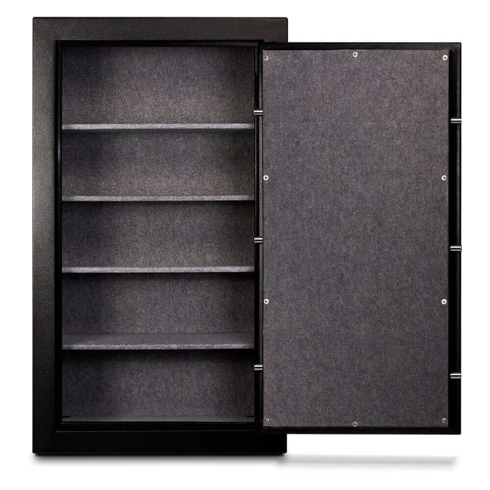 Mesa Ammo Safe interior showing six adjustable shelves and a black exterior for secure ammunition storage.